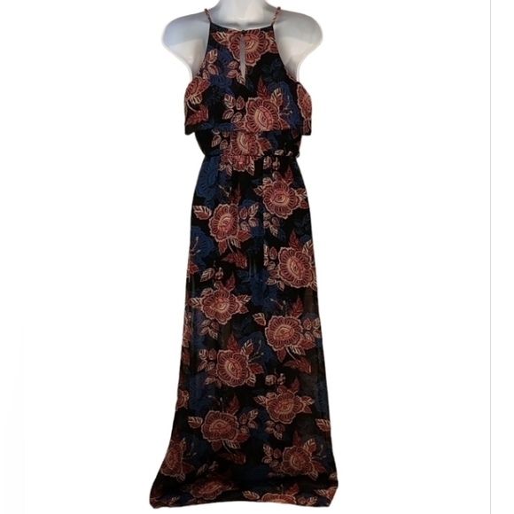 𝅺IZ Byer Floral Halter Keyhole Back Side Slit Maxi Dress - Picture 3 of 7